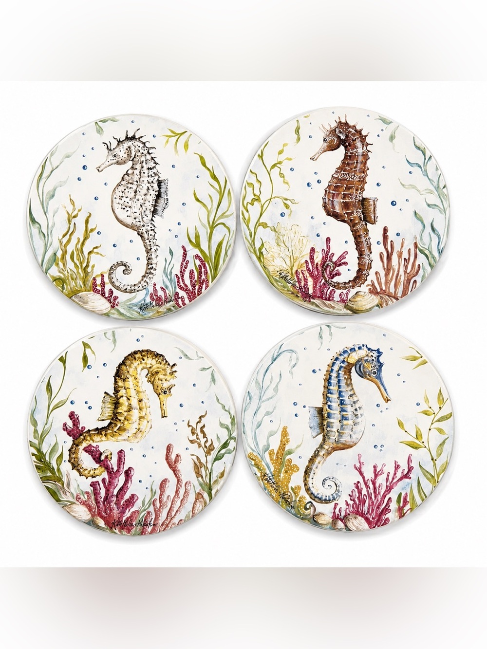 CoasterStone Sea Horse Absorbent Stone Coasters Colorful Art New in Box